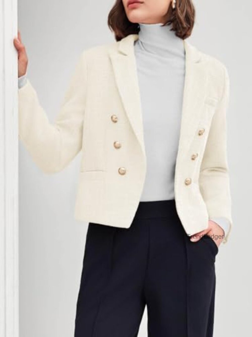 Cropped Tweed Blazer Jacket Open Front Long Sleeve Business Suit with Pockets - Picture 3 of 7